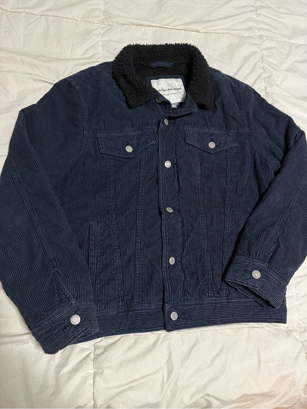 American Eagle Outfitters Navy Corduroy Puffer Jacket with Black Sherpa Collar
